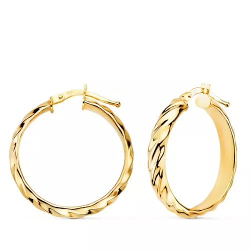 18K AROS ORO AMARILLO MEDIA CAÃÂA BANDAS BRILLO 24X4 MM 2