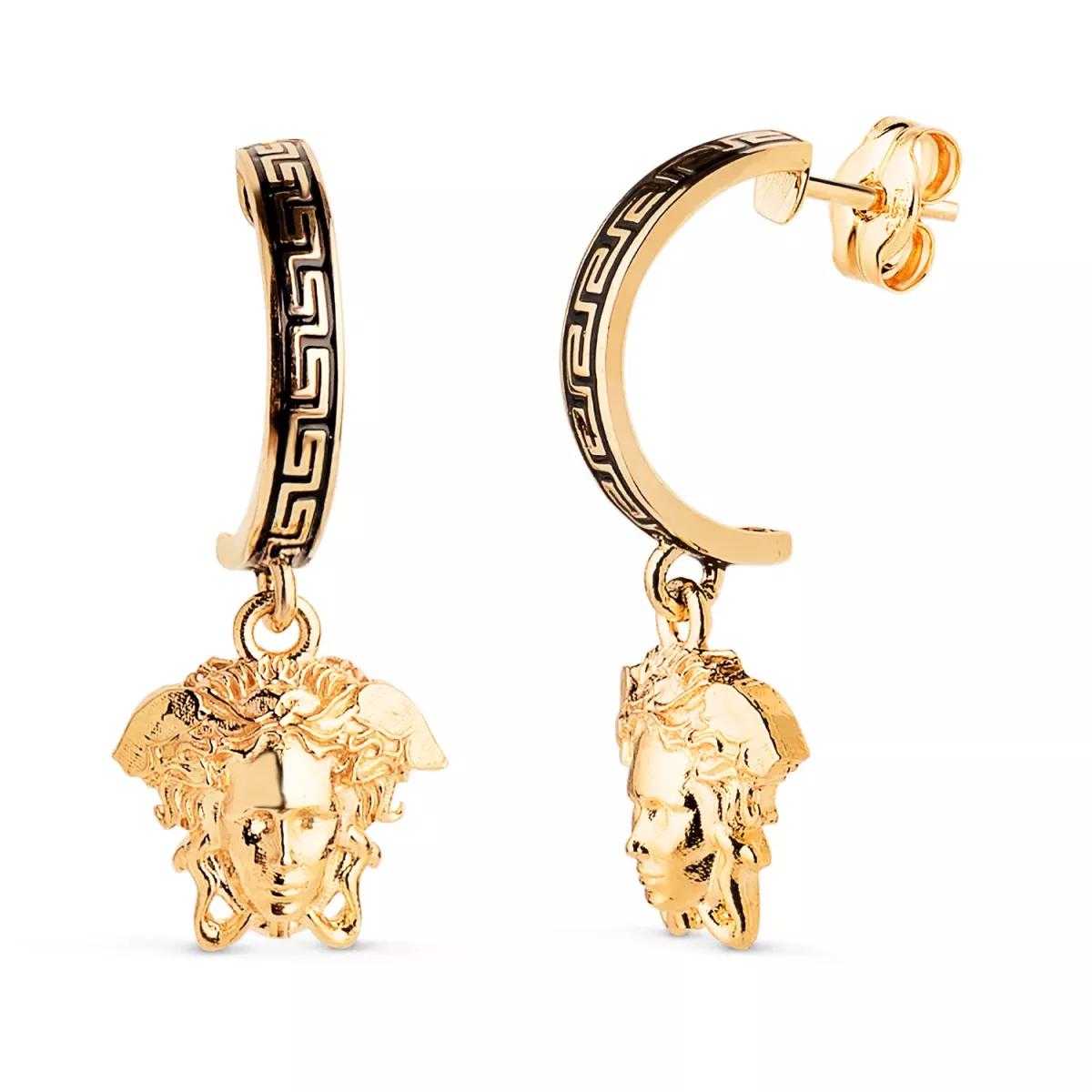 18K AROS ORO AMARILLO MEDIO ARO ESMALTE GRECA 11 X 2 MM Y MEDUSA 9MM. CIERRE PRESION 2