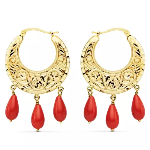 18K AROS ORO AMARILLO TALLADOS CORAL 25 MM 7