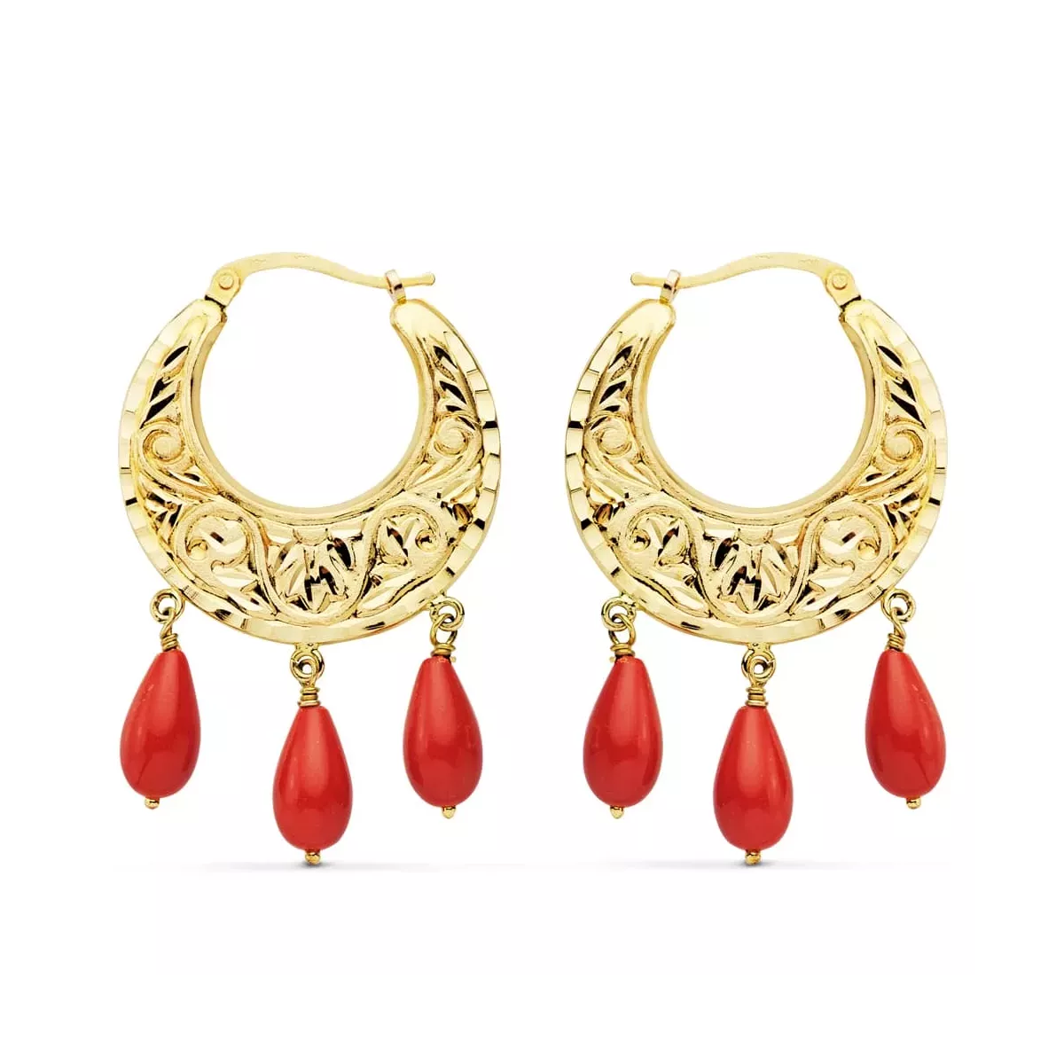 18K AROS ORO AMARILLO TALLADOS CORAL 25 MM 7