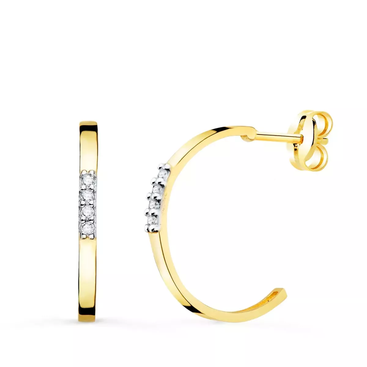 18K PENDIENTES AROS ABIERTOS ORO BICOLOR CON CIRCONITA 15 MM CIERRE PRESION 1