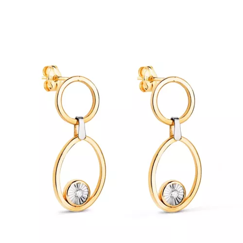 18K PENDIENTES ORO BICOLOR LARGOS DOS AROS CON CIRCONITAS. MEDIDA: 23 X 10 MM. CIERRE PRESION 1,40gr