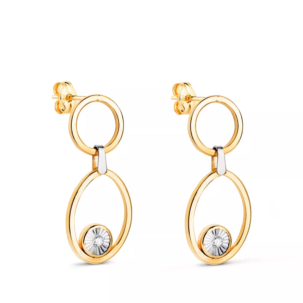 18K PENDIENTES ORO BICOLOR LARGOS DOS AROS CON CIRCONITAS. MEDIDA: 23 X 10 MM. CIERRE PRESION 1