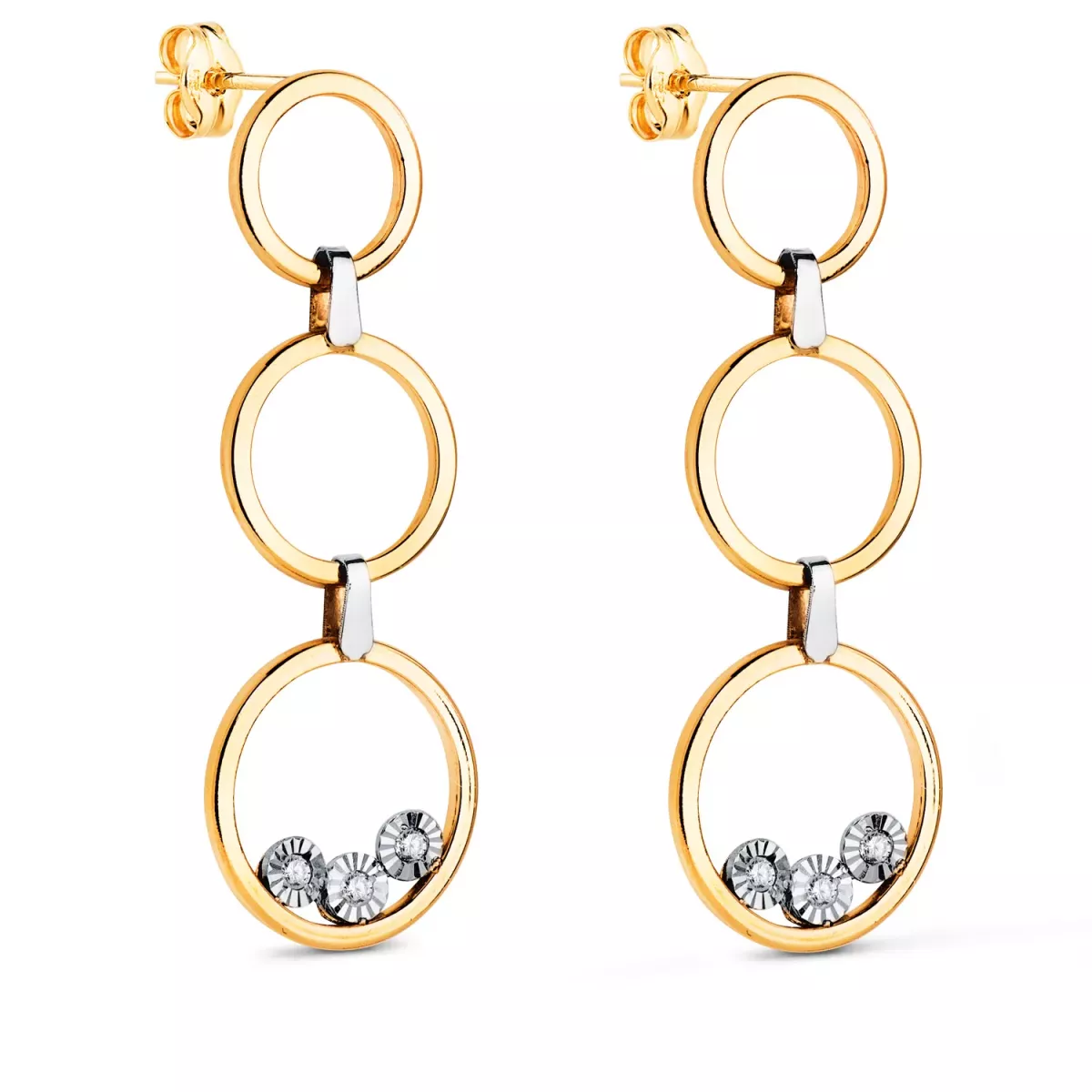 18K PENDIENTES ORO BICOLOR LARGOS TRES AROS CON CIRCONITAS. MEDIDA: 34 X 11 MM. CIERRE PRESION 1