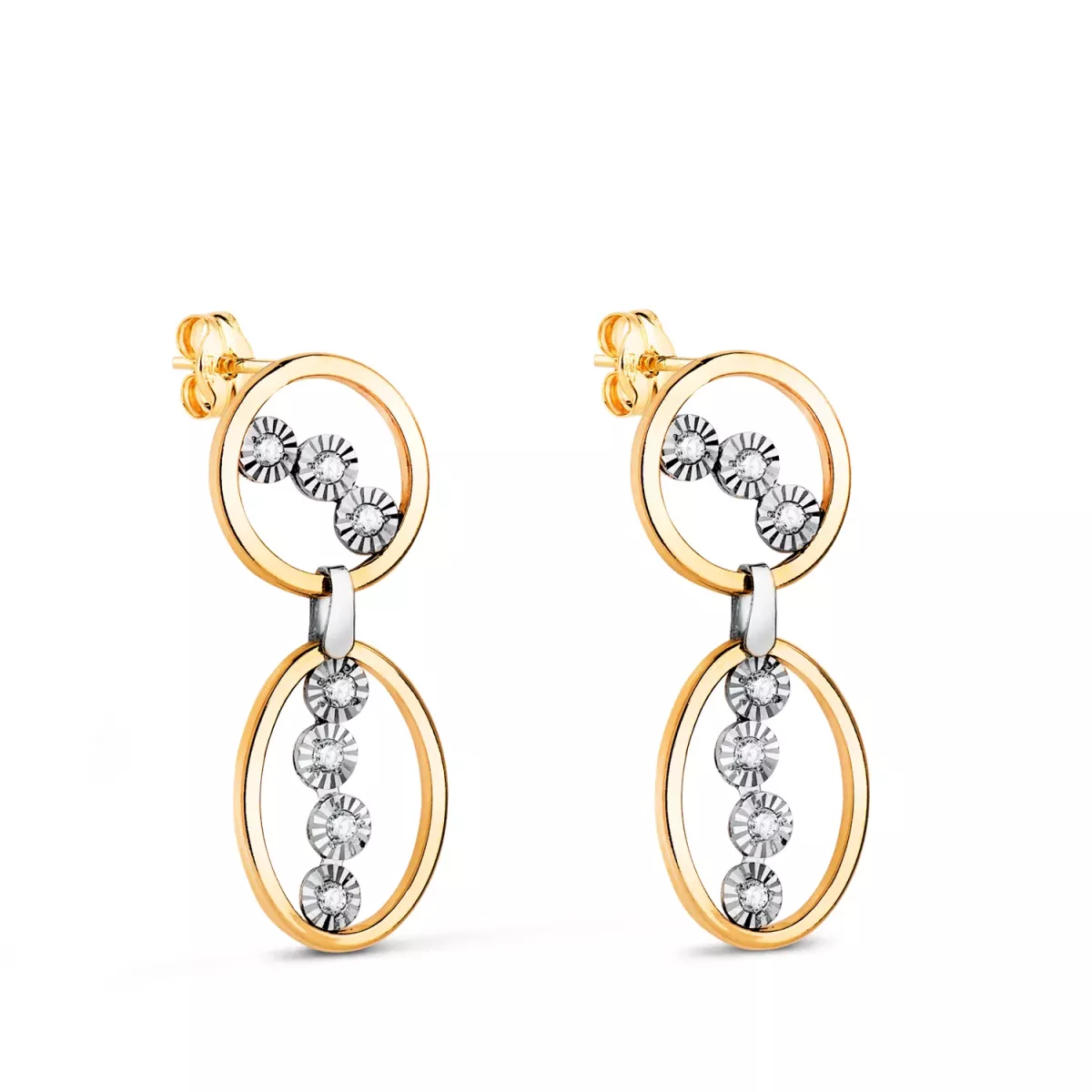 18K PENDIENTES ORO BICOLOR LARGOS DOS AROS CON CIRCONITAS. MEDIDA: 25 X 9 MM. CIERRE PRESION 1