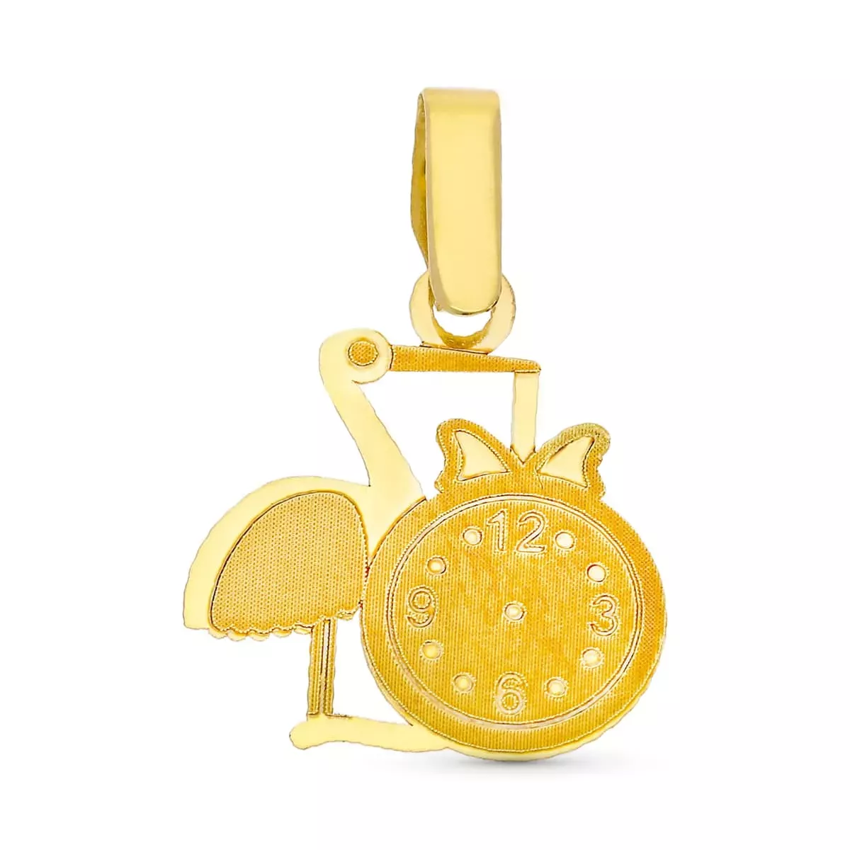 18K COLGANTE ORO AMARILLO CIGUEÑA RELOJ PARA GRABAR 11X13 MM 0