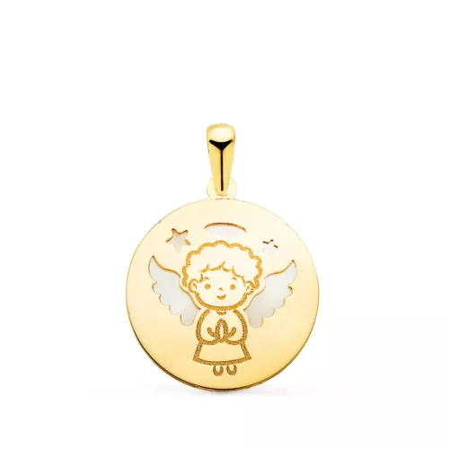 18K COLGANTE ORO AMARILLO ANGELITO BURLON REDONDO CON NACAR. ANCHO: 15