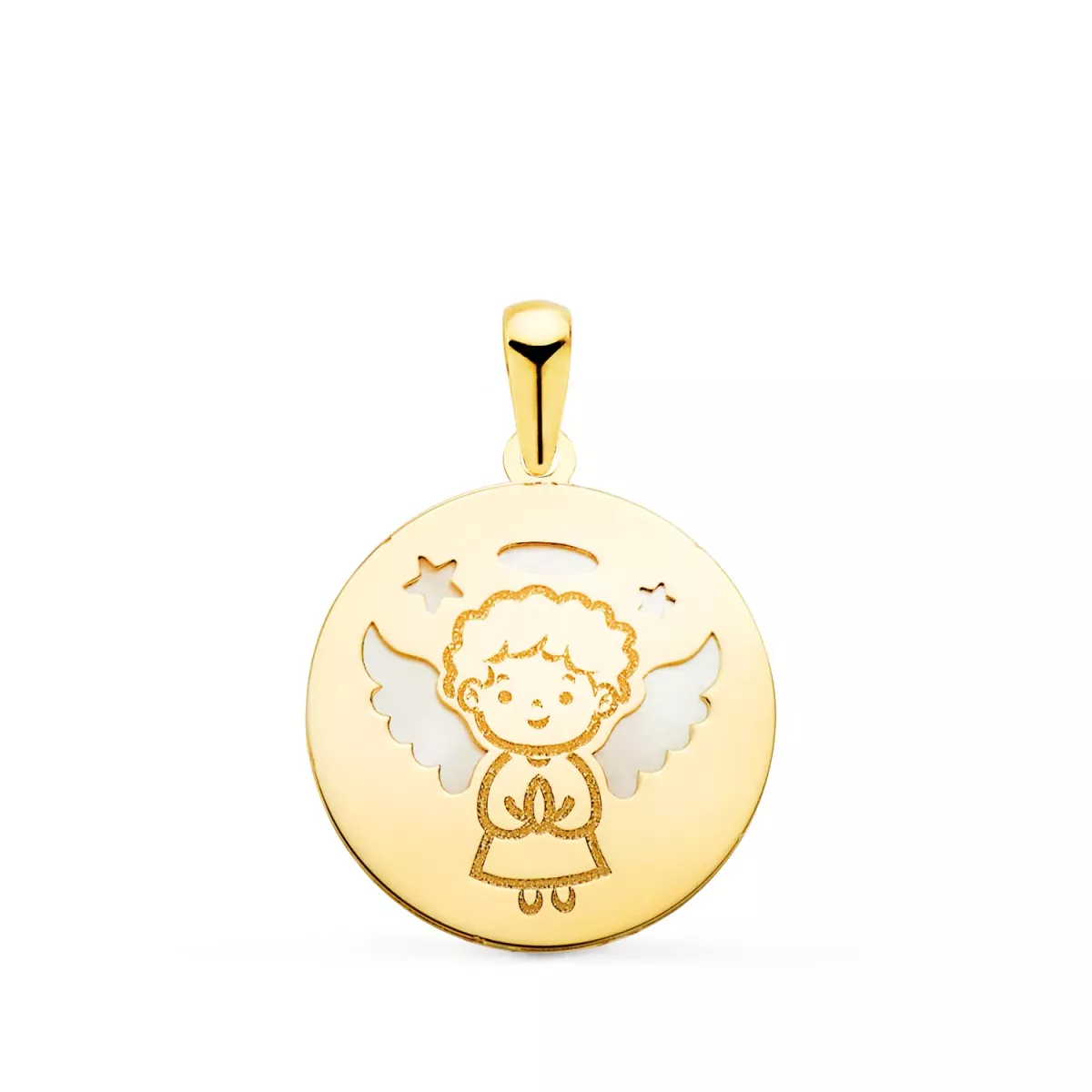 18K COLGANTE ORO AMARILLO ANGELITO BURLON REDONDO CON NACAR. ANCHO: 15