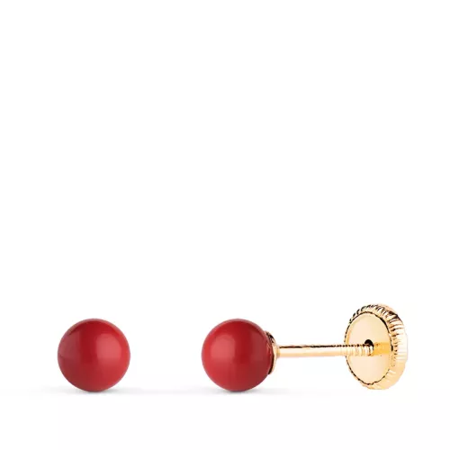 9K PENDIENTES ORO AMARILLO CORAL SINTETICO REDONDO 4 MM. CIERRE TUERCA 0