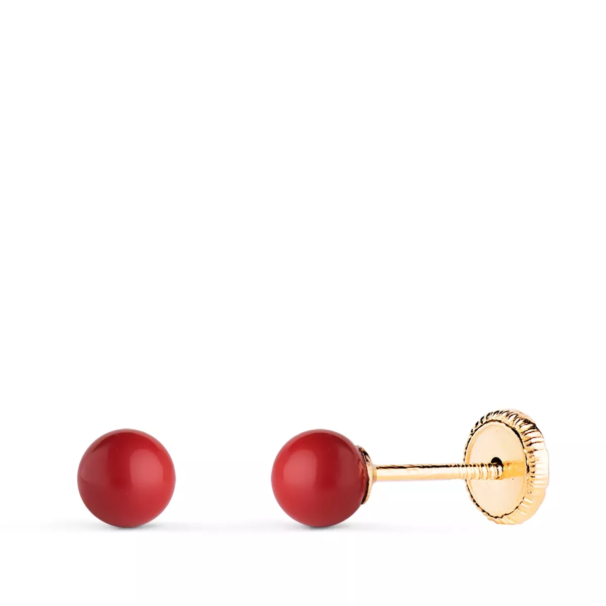 9K PENDIENTES ORO AMARILLO CORAL SINTETICO REDONDO 4 MM. CIERRE TUERCA 0