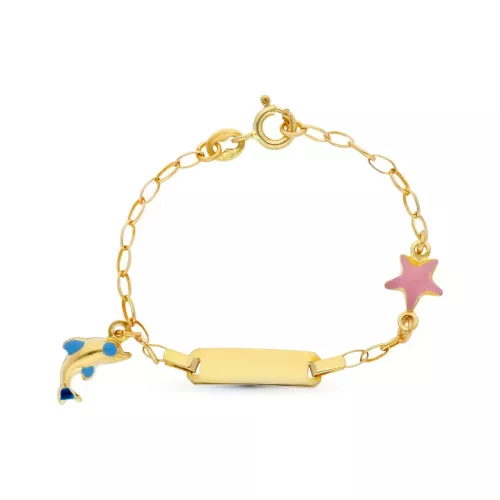 18K ESCLAVA ORO AMARILLO DELFIN Y ESTRELLA ESMALTE 13CM 2