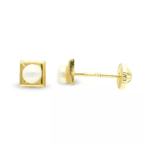 9K PENDIENTES ORO AMARILLO CUADRADOS 4 MM PERLA3 MM CIERRE TUERCA 0
