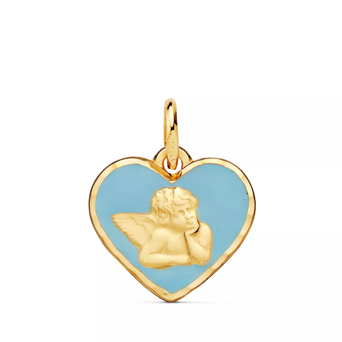 18K MEDALLA ORO AMARILLO CORAZON ANGELITO BURLON ESMALTE AZUL 14 MM 0