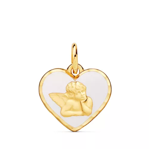 18K MEDALLA ORO AMARILLO CORAZON ANGELITO BURLON ESMALTE BLANCO 14 MM 0