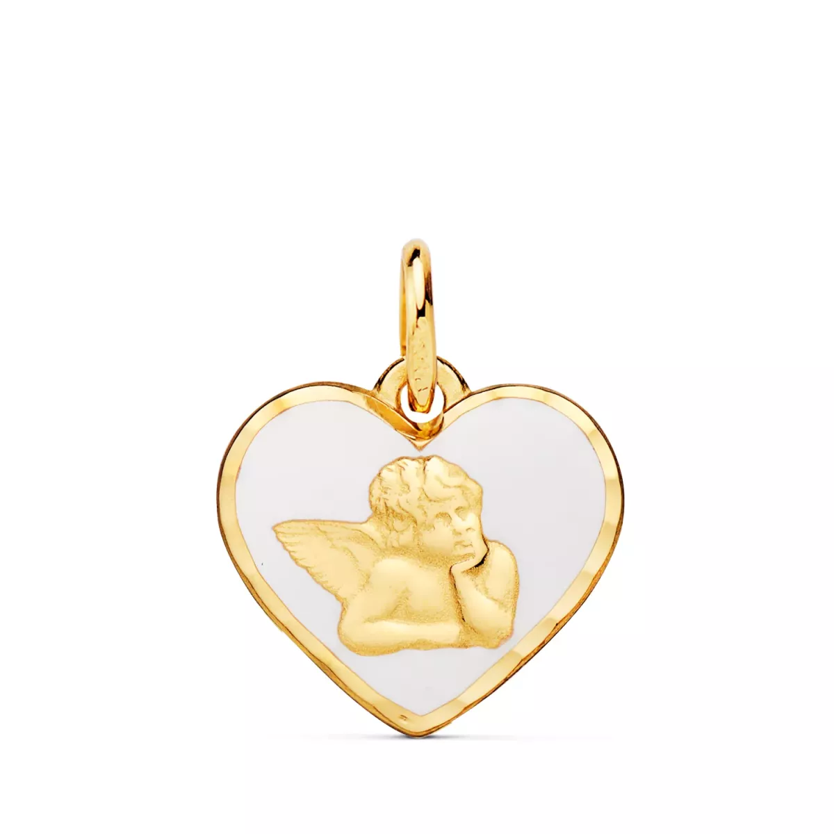 18K MEDALLA ORO AMARILLO CORAZON ANGELITO BURLON ESMALTE BLANCO 14 MM 0