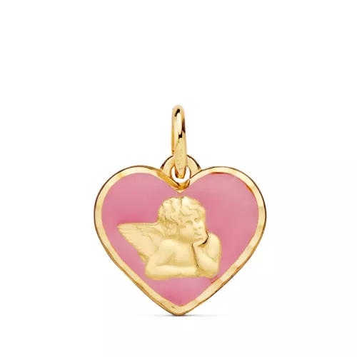 18K MEDALLA ORO AMARILLO CORAZON ANGELITO BURLON ESMALTE ROSA 14 MM 0