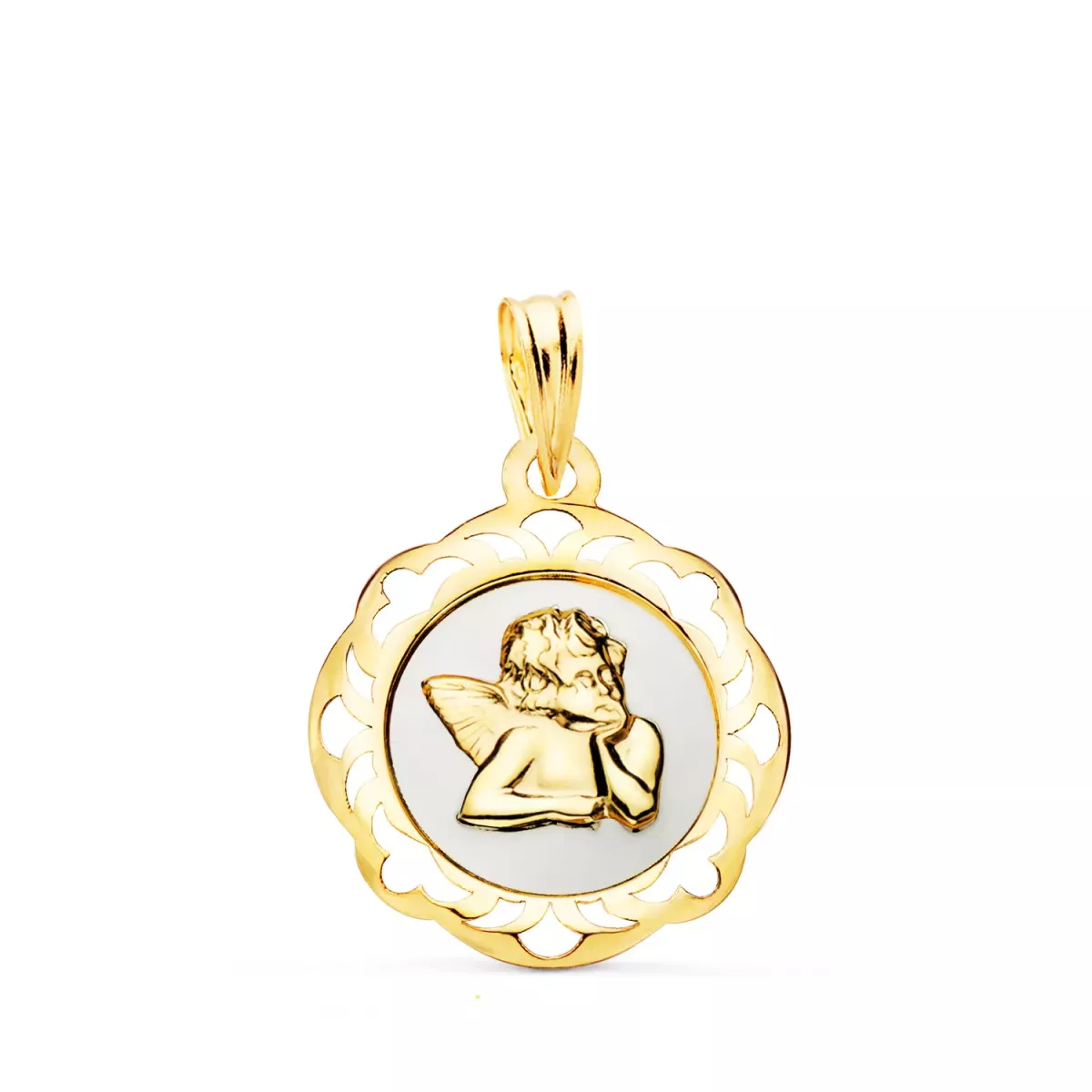 18K MEDALLA ORO AMARILLO ANGELITO BURLON ESMALTE BLANCO Y CERCO CALADO EN BRILLO 20X18 MM 0