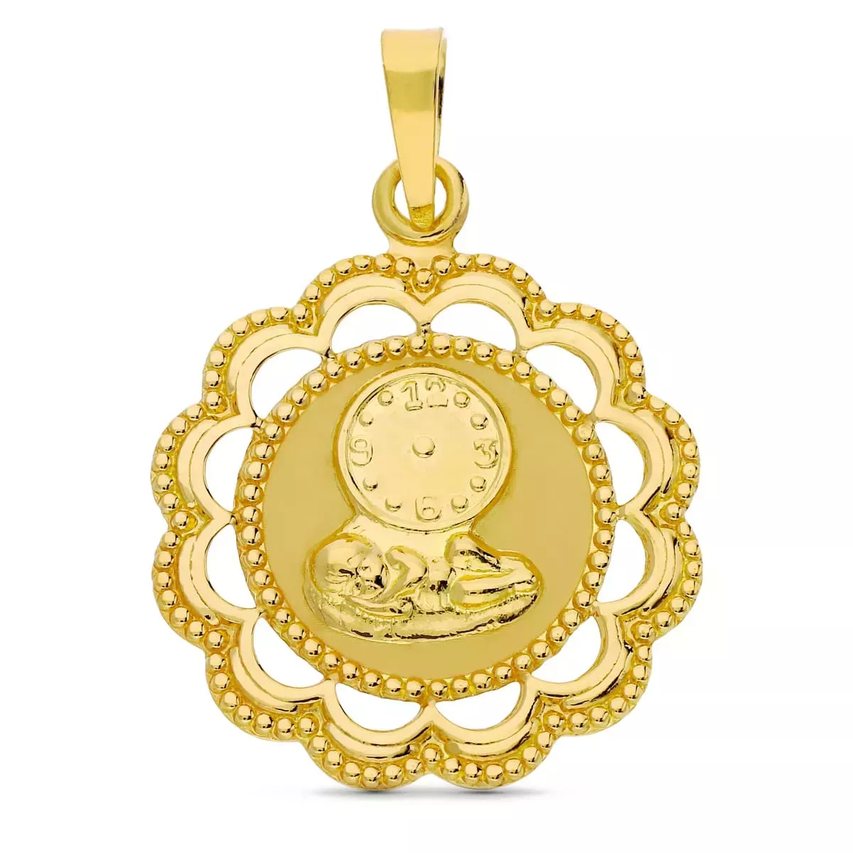 18K MEDALLA ORO AMARILLO NIÑO Y RELOJ 26X22 MM 1