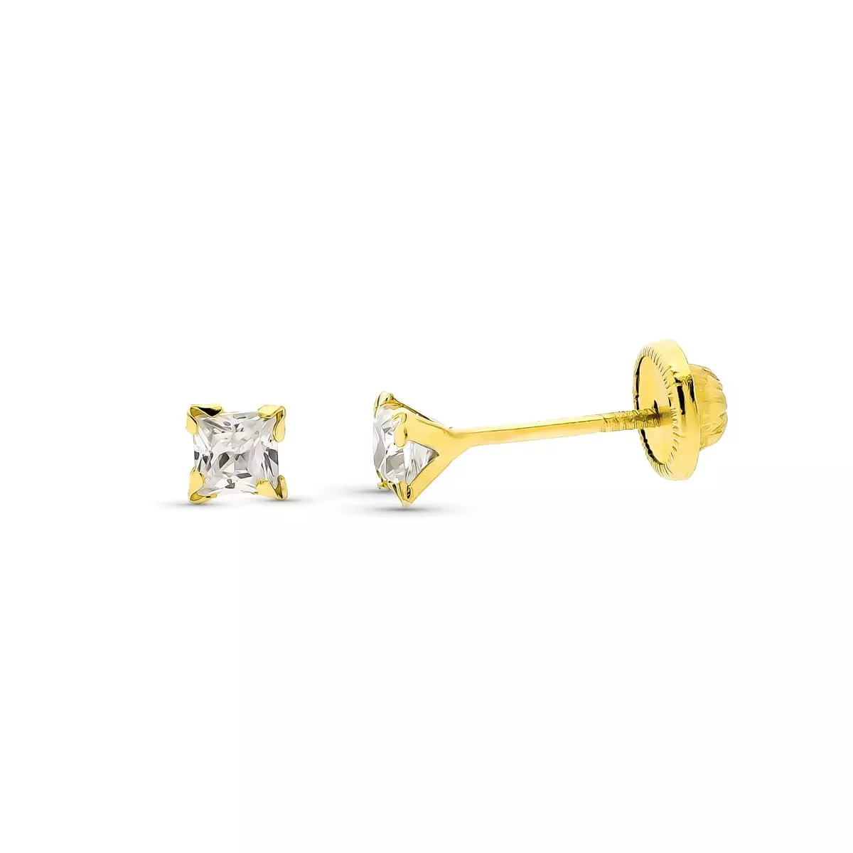 9K PENDIENTES ORO AMARILLO CIRCONITA CUADRADA 3X3 MM. CIERRE TUERCA 0