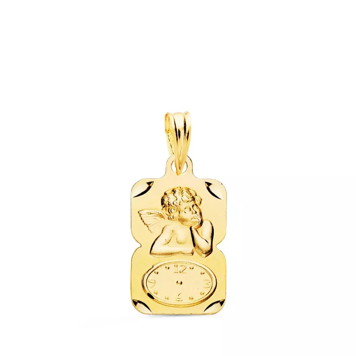 18K MEDALLA ORO AMARILLO RECTANGULO ANGELITO BURLON CON RELOJ TALLADA 19X11 MM 1