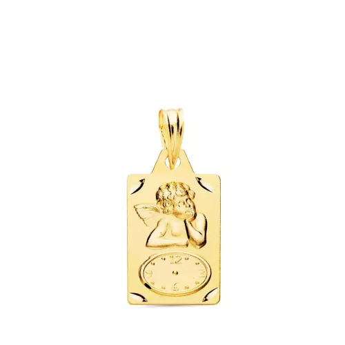 18K MEDALLA ORO AMARILLO RECTANGULO ANGELITO BURLON CON RELOJ TALLADA 19X11 MM 1