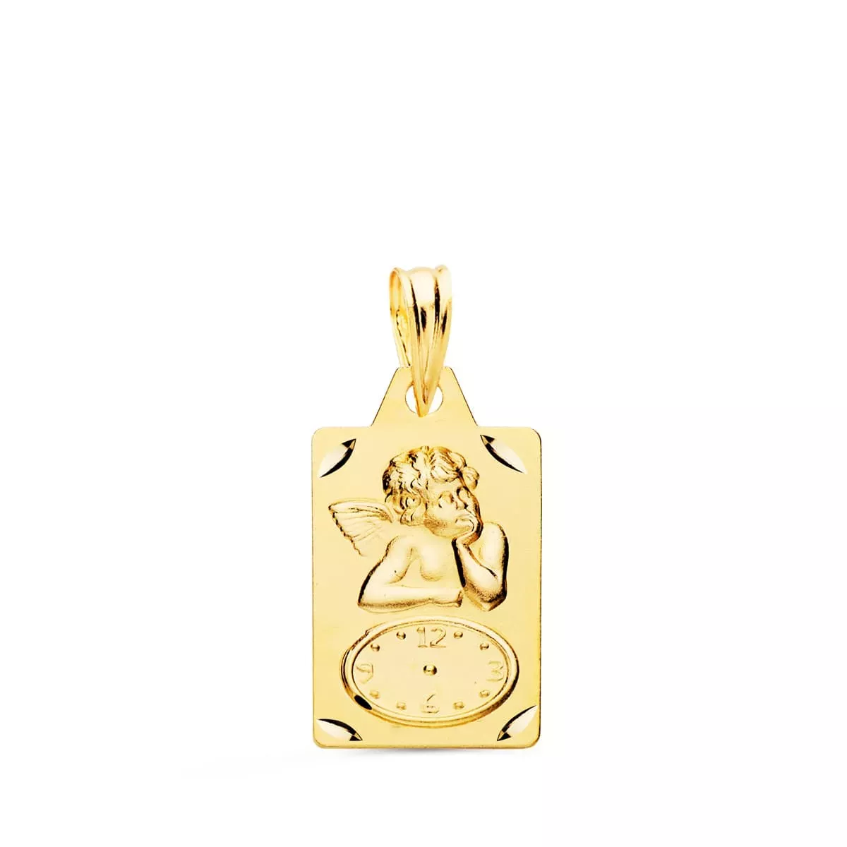 18K MEDALLA ORO AMARILLO RECTANGULO ANGELITO BURLON CON RELOJ TALLADA 19X11 MM 1