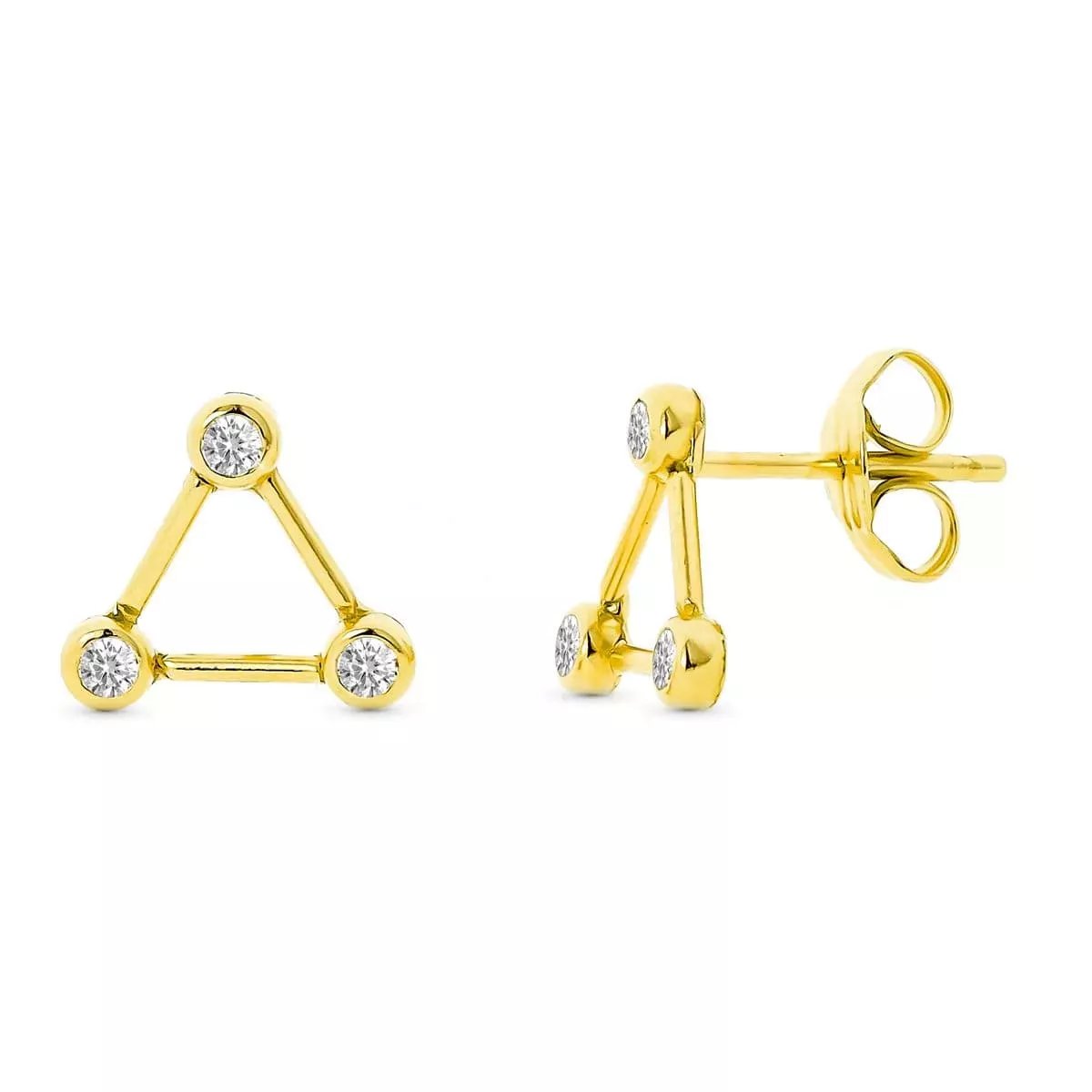 9K PENDIENTES ORO AMARILLO TRIANGULO CON CIRCONITA 8X8 MM. CIERRE PRESION 0