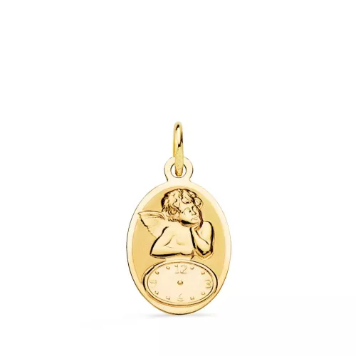 18K MEDALLA ORO AMARILLO OVAL ANGELITO BURLON CON RELOJ BRILLO Y MATE 19X12 MM 1