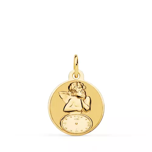 18K MEDALLA ORO AMARILLO REDONDA ANGELITO BURLON CON RELOJ BRILLO Y MATE 15 MM 1