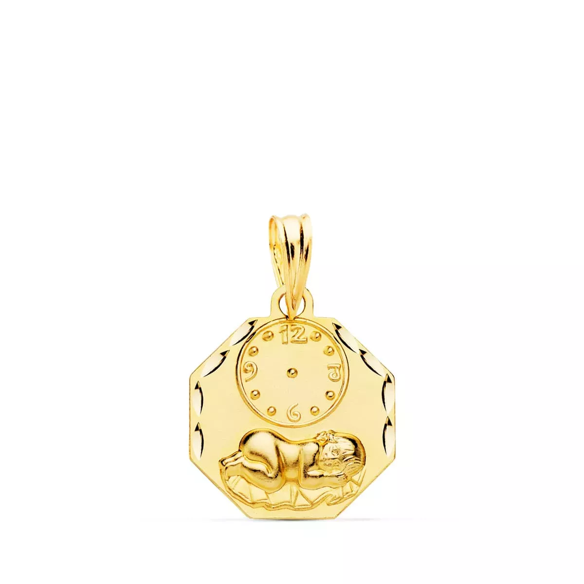 18K MEDALLA ORO AMARILLO OCTOGONAL NIÑO DE LA HORA CON RELOJ TALLADA 15X15 MM 1