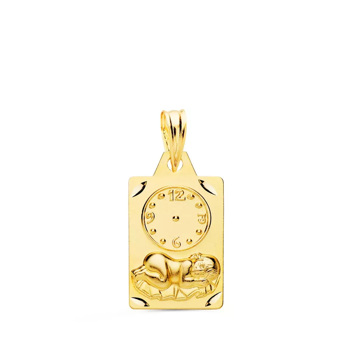 18K MEDALLA ORO AMARILLO RECTANGULO NIÑO DE LA HORA CON RELOJ TALLADA 19X11 MM 1