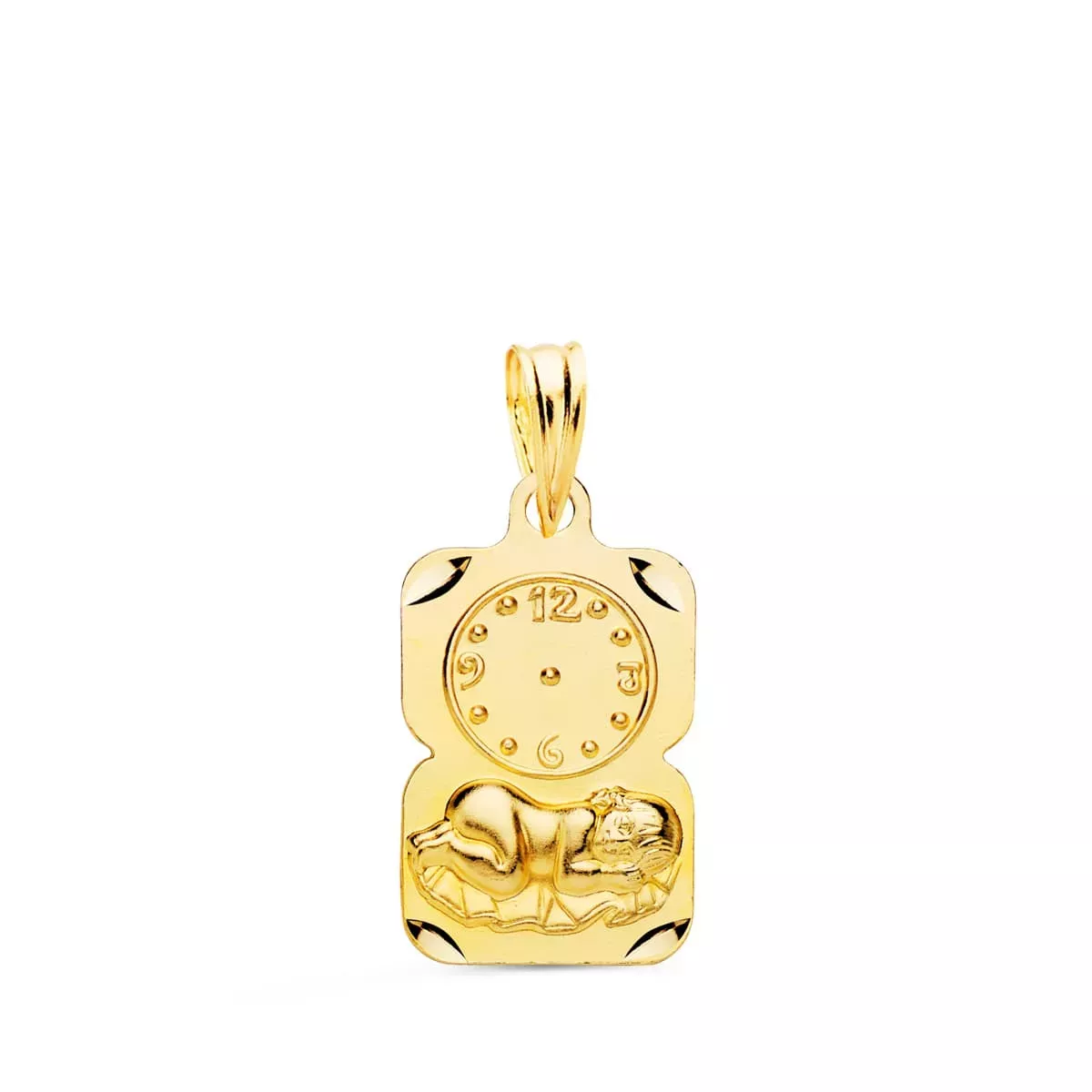 18K MEDALLA ORO AMARILLO RECTANGULO NIÑO DE LA HORA CON RELOJ TALLADA 19X11 MM 1