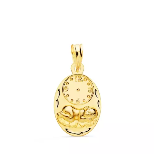 18K MEDALLA ORO AMARILLO OVAL NIÑO DE LA HORA CON RELOJ TALLADA 19X12 MM 1
