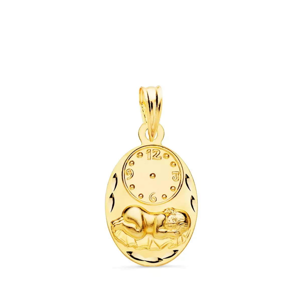 18K MEDALLA ORO AMARILLO OVAL NIÑO DE LA HORA CON RELOJ TALLADA 19X12 MM 1