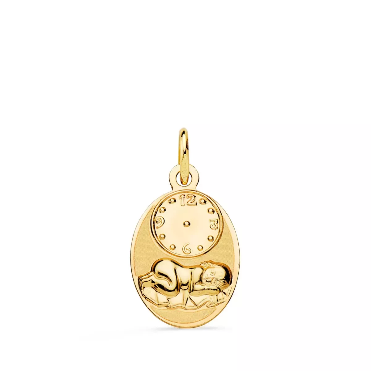 18K MEDALLA ORO AMARILLO OVAL NIÑO DE LA HORA CON RELOJ BRILLO Y MATE 19X12 MM 1