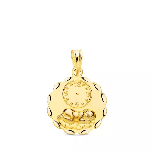 18K MEDALLA ORO AMARILLO REDONDA NIÑO DE LA HORA CON RELOJ TALLADA 16 MM 1