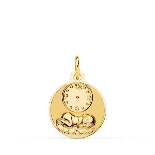 18K MEDALLA ORO AMARILLO REDONDA NIÑO DE LA HORA CON RELOJ BRILLO Y MATE 15 MM 1