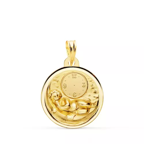 18K MEDALLA ORO AMARILLO NIÑO DE LA HORA SOBRE LUNA CON RELOJ EN BISEL 18 MM 2