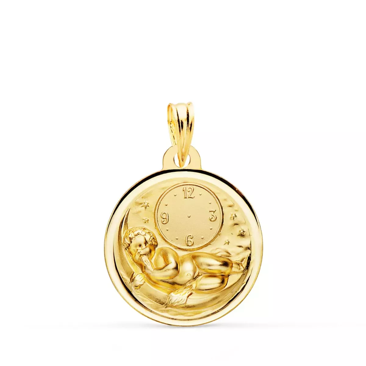 18K MEDALLA ORO AMARILLO NIÑO DE LA HORA SOBRE LUNA CON RELOJ EN BISEL 18 MM 2