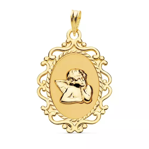 18K MEDALLA ORO AMARILLO ANGEL BURLON BRILLO Y CERCO CALADO 23X16 MM 1