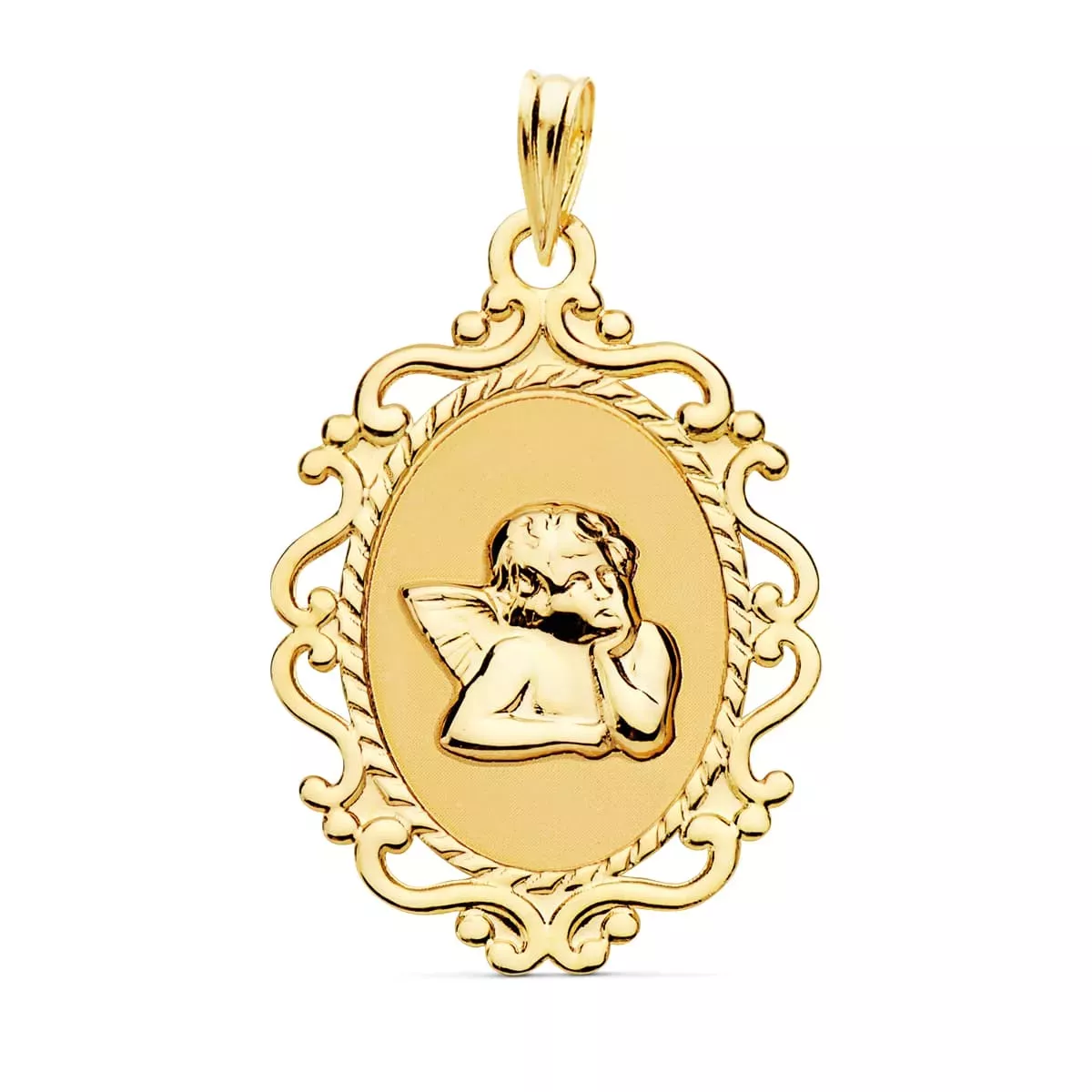 18K MEDALLA ORO AMARILLO ANGEL BURLON BRILLO Y CERCO CALADO 23X16 MM 1