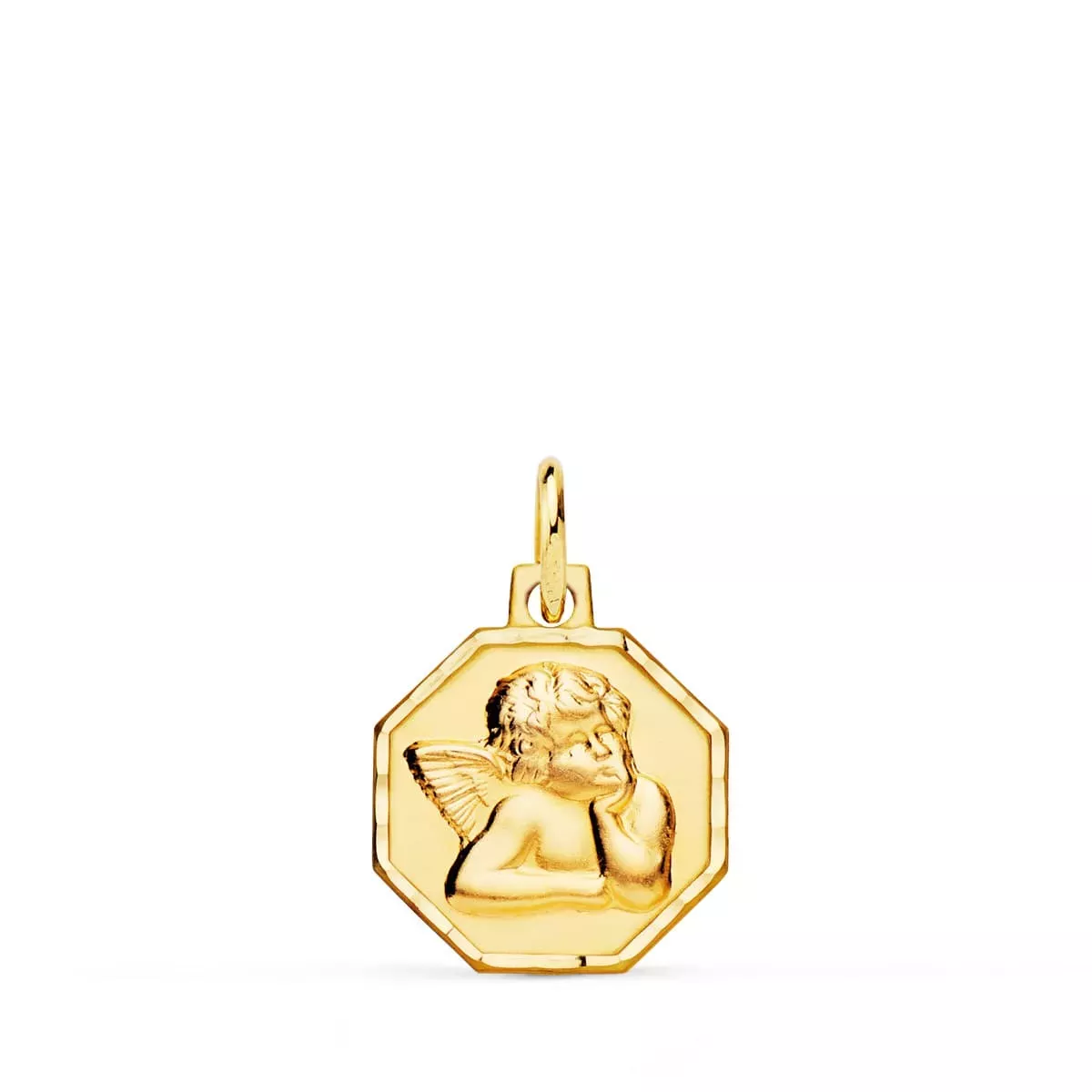 18K MEDALLA ORO AMARILLO OCTOGONAL ANGELITO BURLON TALLADA 13X13 MM 1