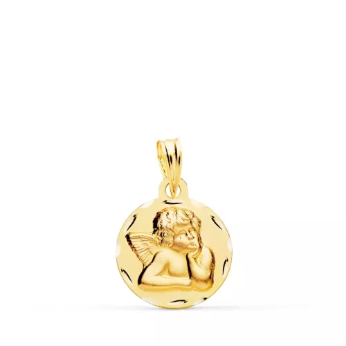 18K MEDALLA ORO AMARILLO REDONDA ANGELITO BURLON TALLADA 14 MM 1