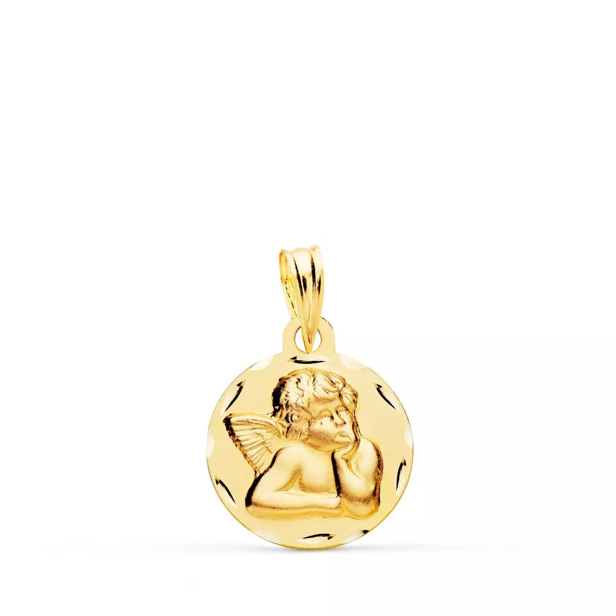 18K MEDALLA ORO AMARILLO REDONDA ANGELITO BURLON TALLADA 14 MM 1