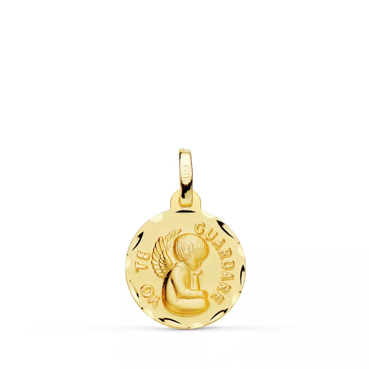 18K MEDALLA ORO AMARILLO TALLADA ANGEL " YO TE GUARDARE " 14 MM 1