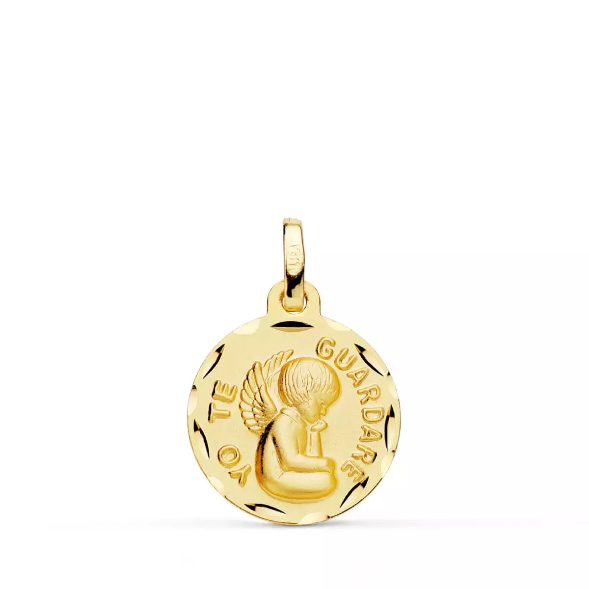 18K MEDALLA ORO AMARILLO TALLADA ANGEL " YO TE GUARDARE " 16 MM 1
