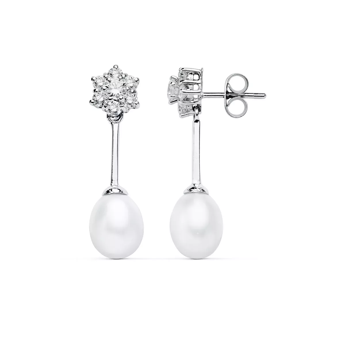 9K PENDIENTES ORO BLANCO PERLA 30X8 MM CIERRE PRESION 3