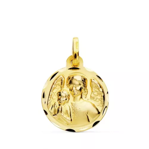 18K MEDALLA ORO AMARILLO ANGEL DE LA GUARDA CON NIÑO TALLADA 16 MM 1