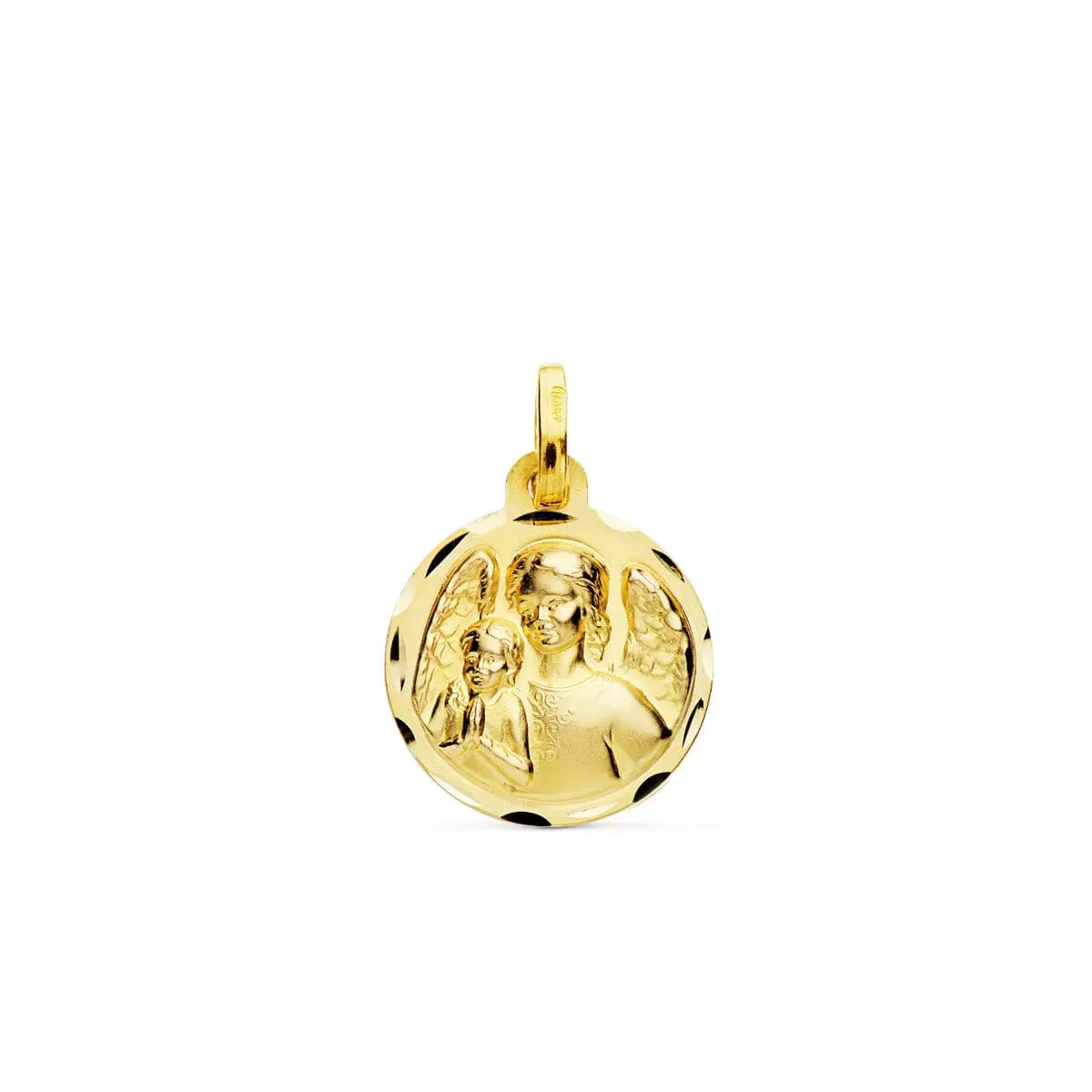 18K MEDALLA ORO AMARILLO ANGEL DE LA GUARDA CON NIÑO TALLADA 16 MM 1