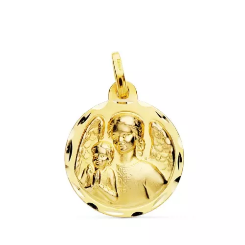 18K MEDALLA ORO AMARILLO ANGEL DE LA GUARDA CON NIÑO TALLADA 18 MM 2
